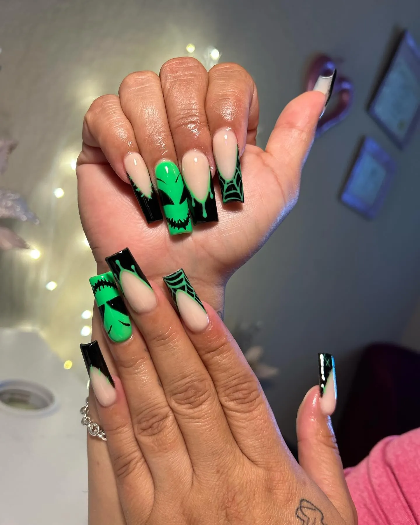 Green and Black French Tip Nails