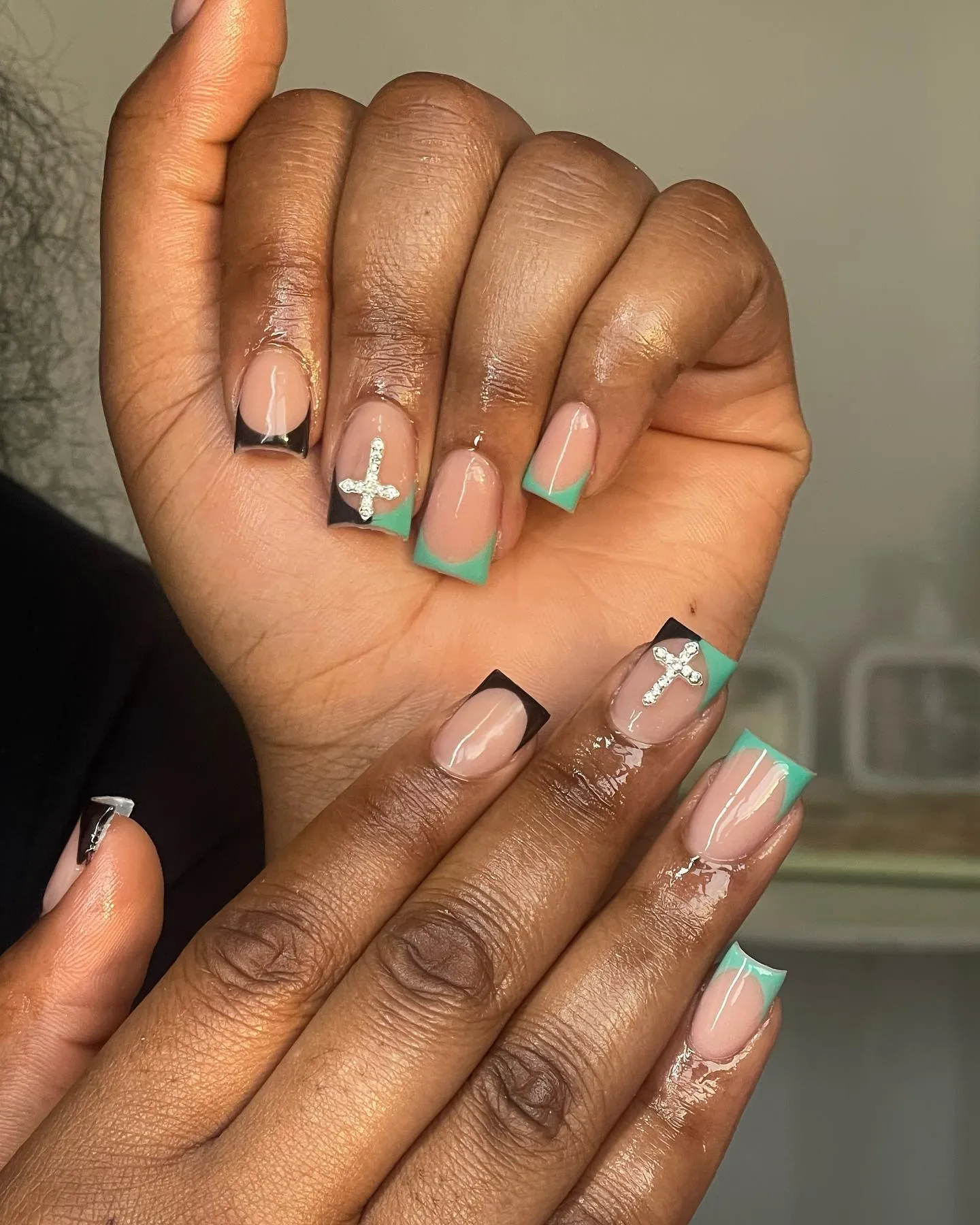 Green and Black French Tip Nails