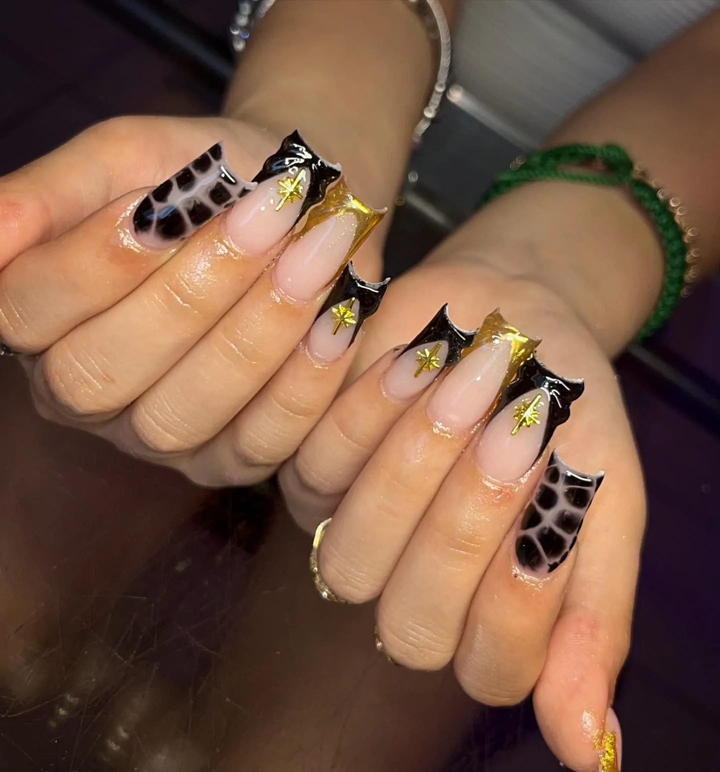 Gold and Black French Tip Nails