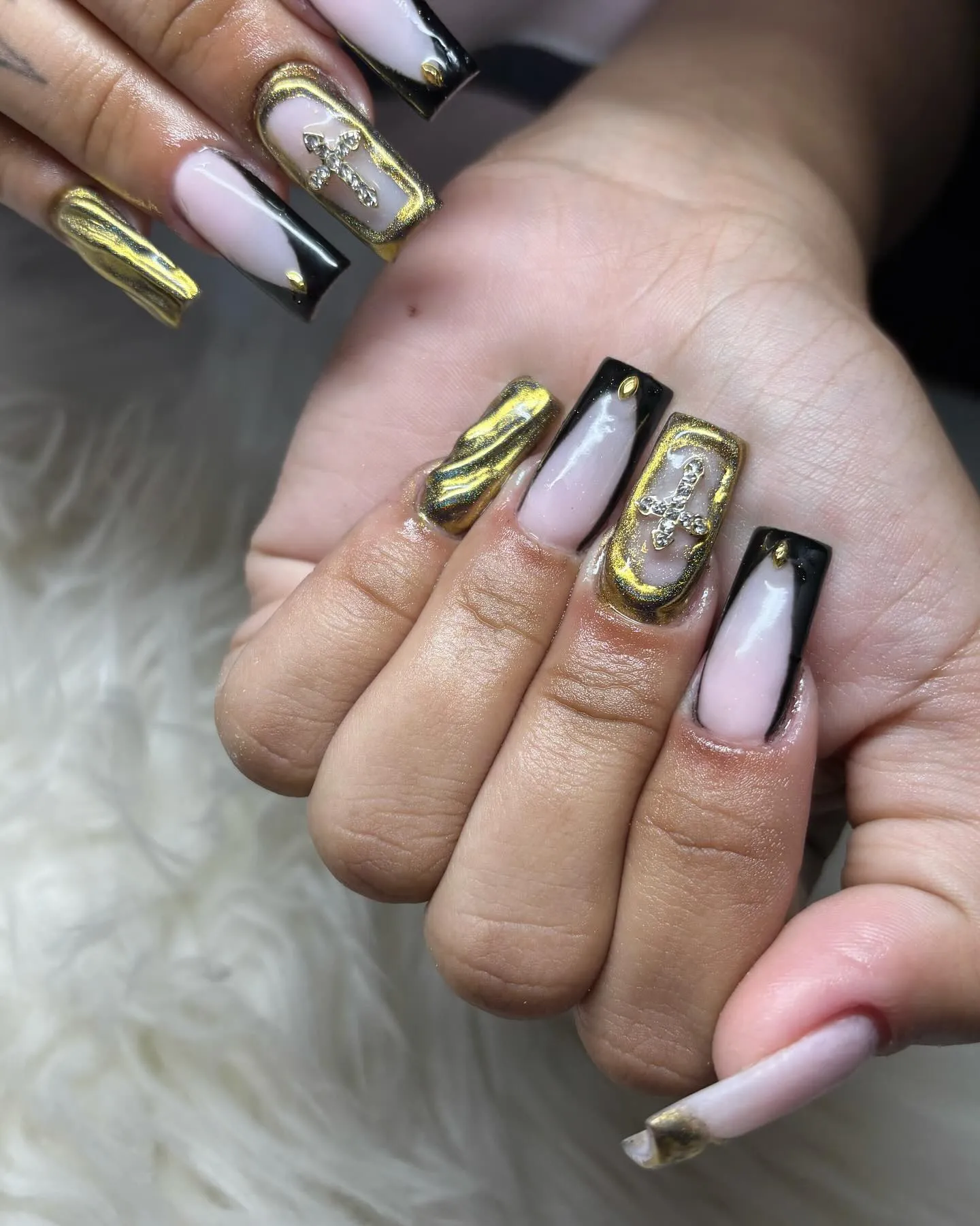 Gold and Black French Tip Nails