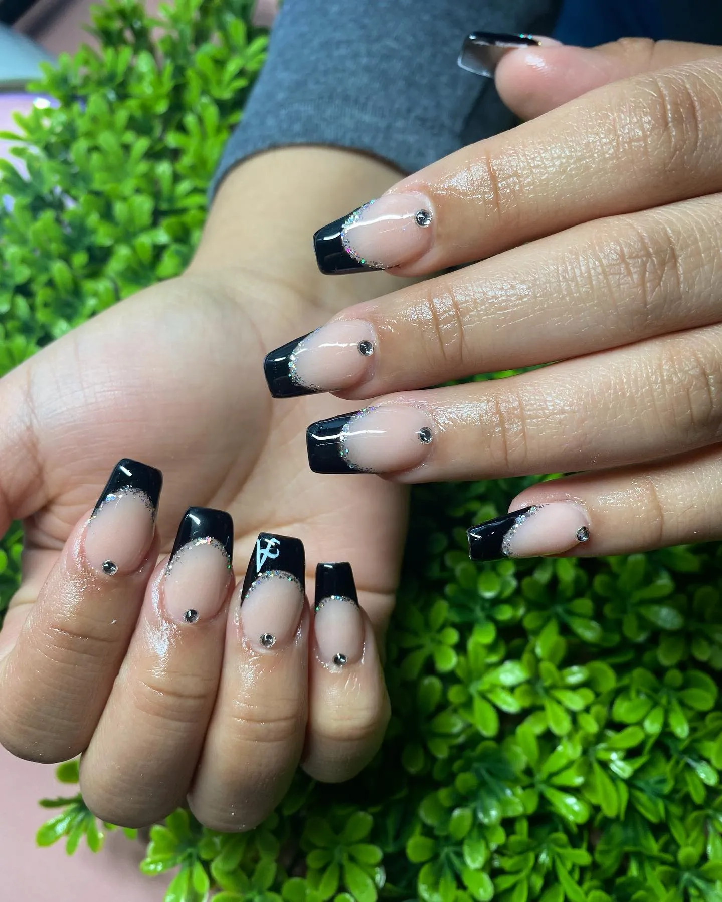 Silver and Black French Tip Nails