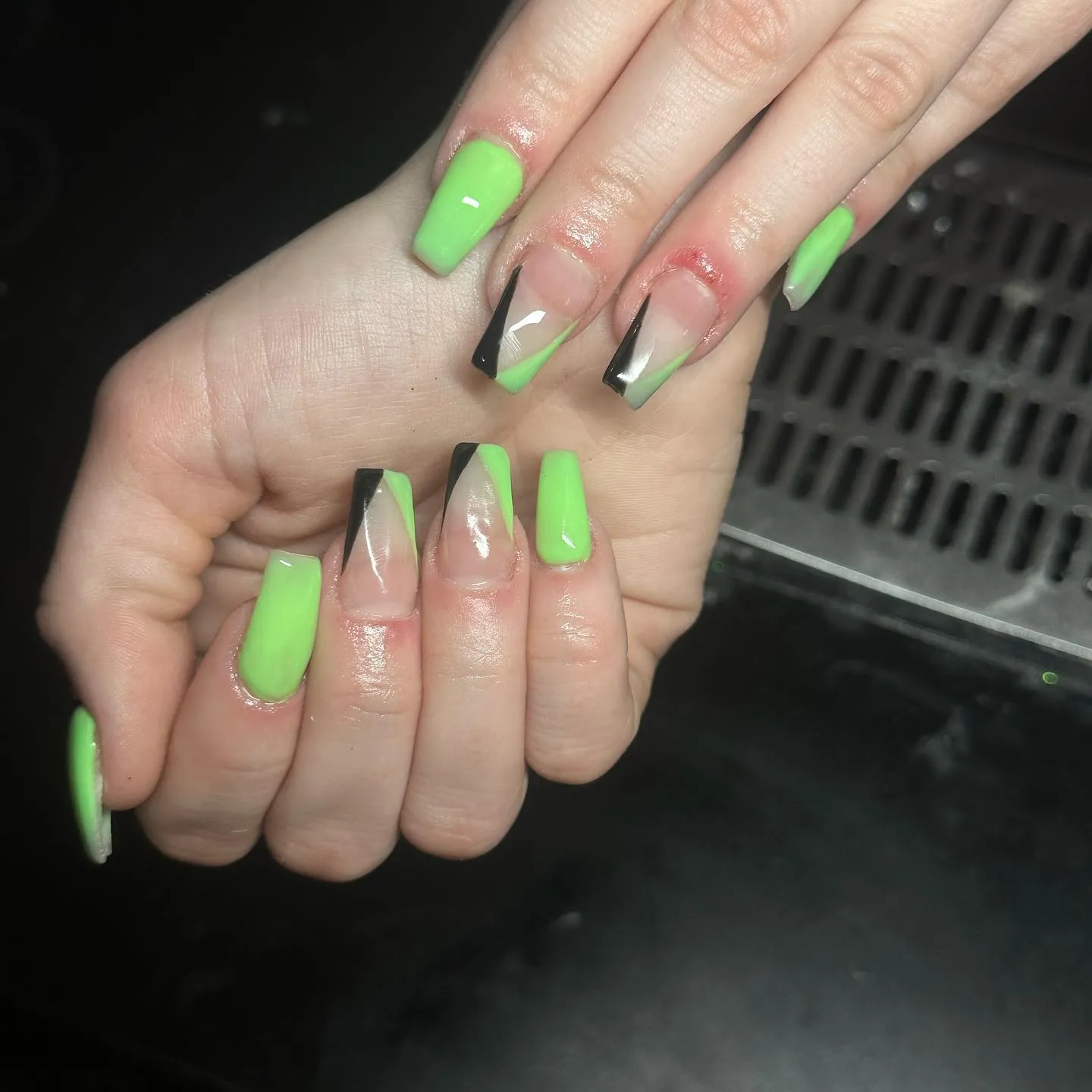 Neon Green and Black French Tip Nails