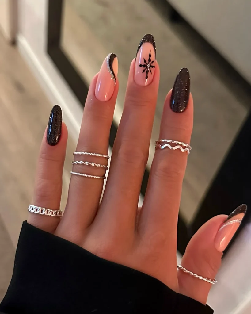 Black Glitter Swirl French Tip Long Almond Nails
