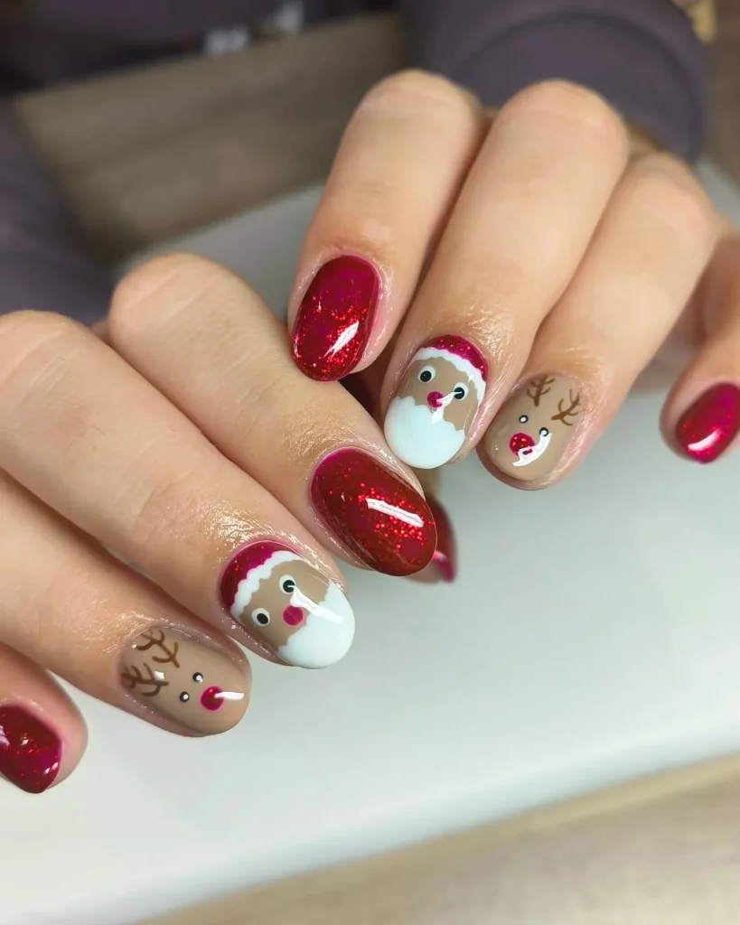 christmas almond nails with a reindeer face accent