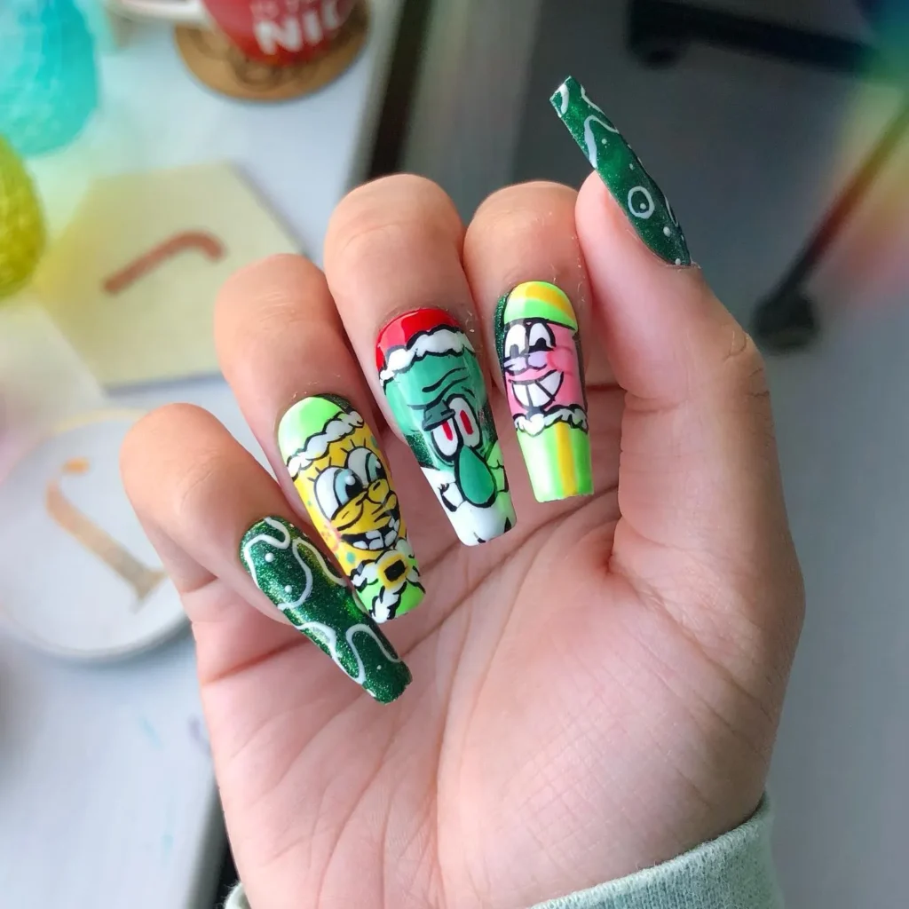 christmas almond nails with hand-painted cartoon character art