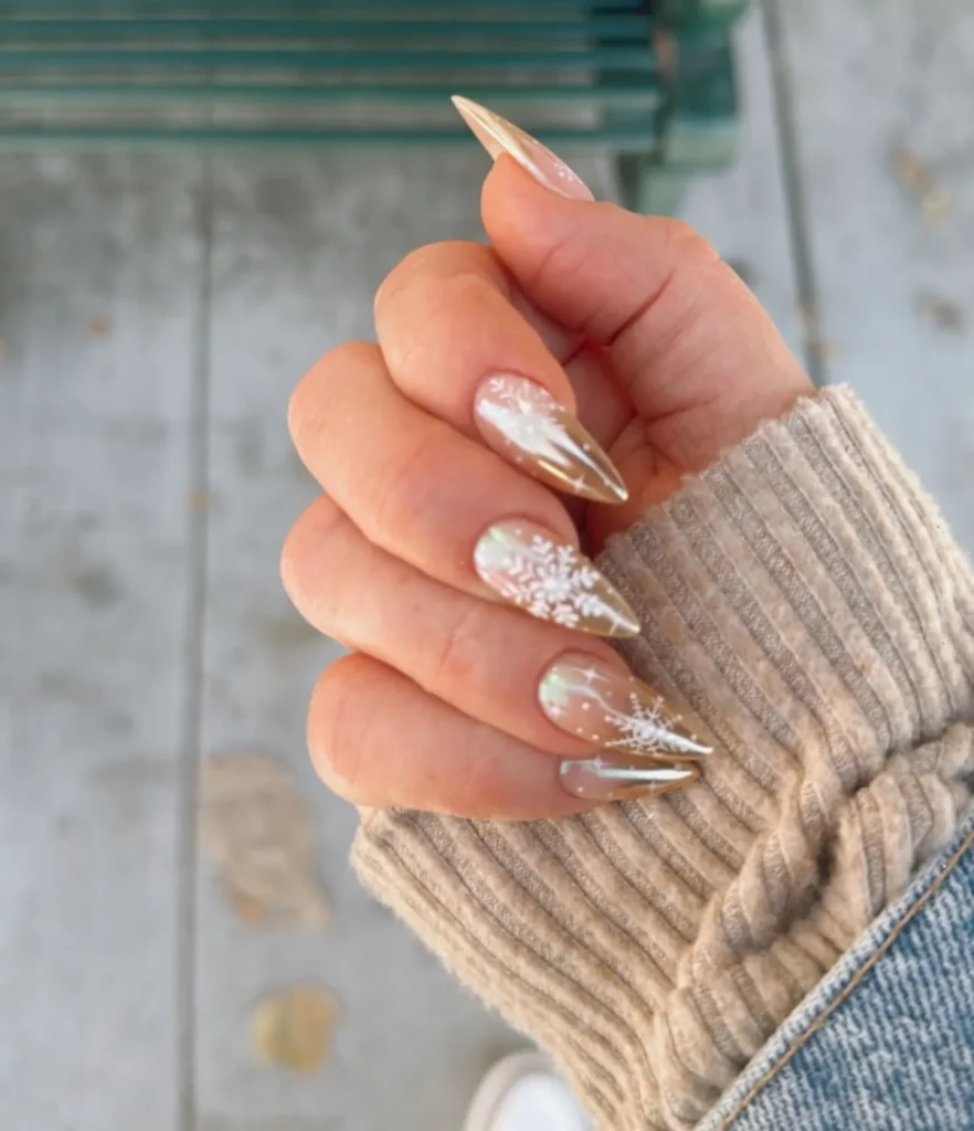 white christmas almond nails with crystal snowflakes