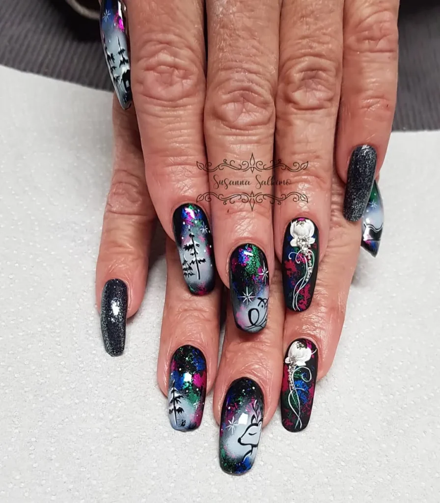 nude christmas almond nails with a snowflake accent nail