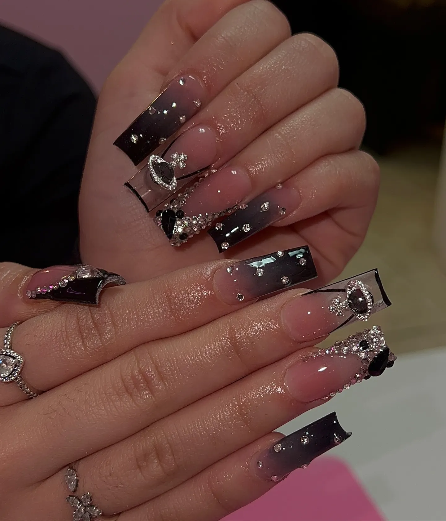 Black Coffin Nails with Silver Accents