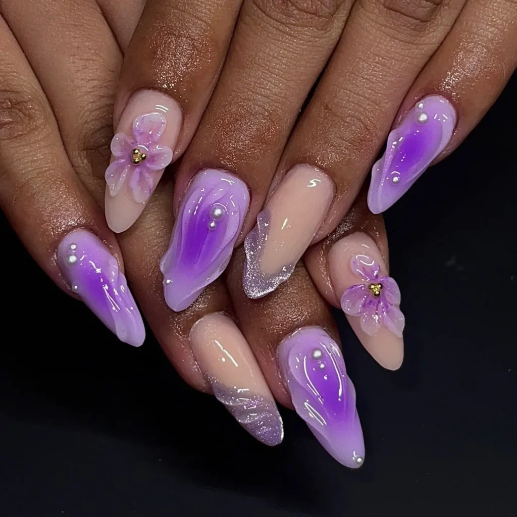 lavender winter almond nails with icy frosted white tips