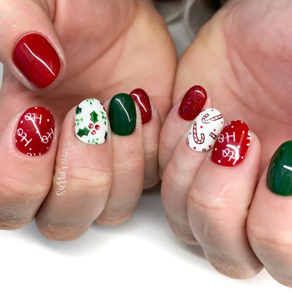 green christmas almond nails with holly berry clusters