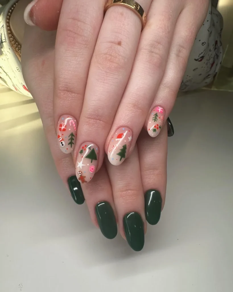 christmas almond nails with holly leaf and berry art