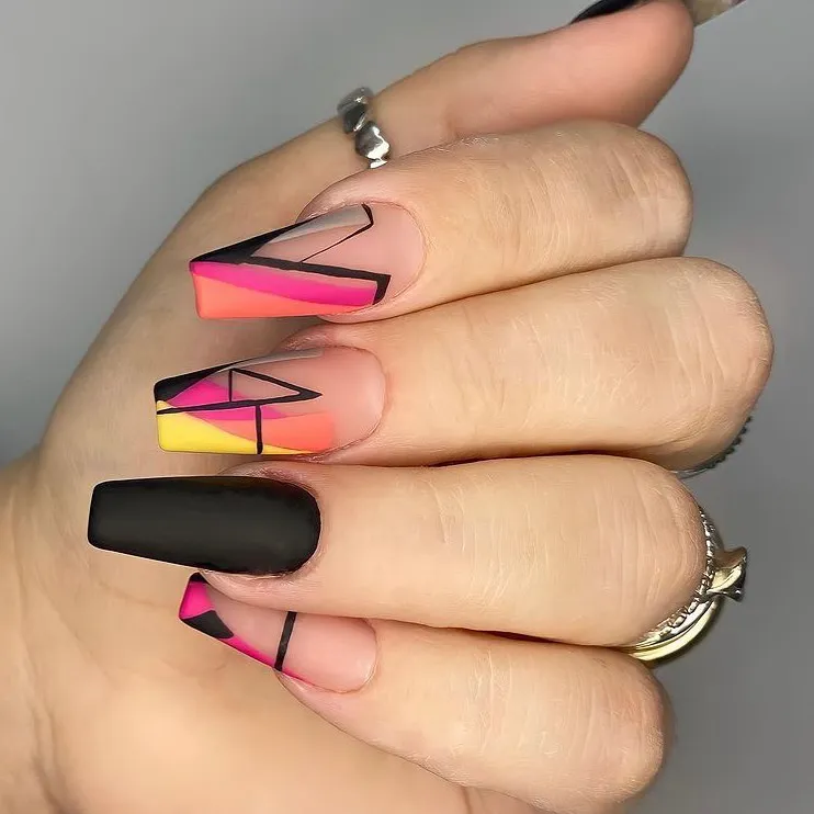 Geometric Black Coffin Nails