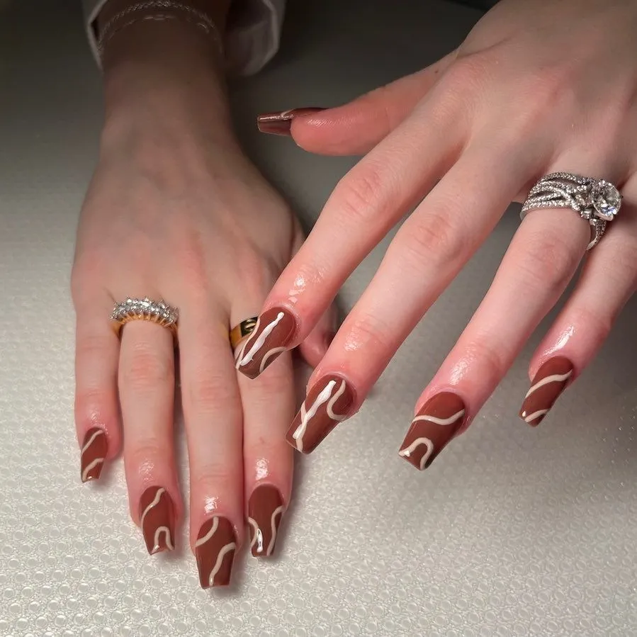 Brown and Pink Swirl Short Square Nails