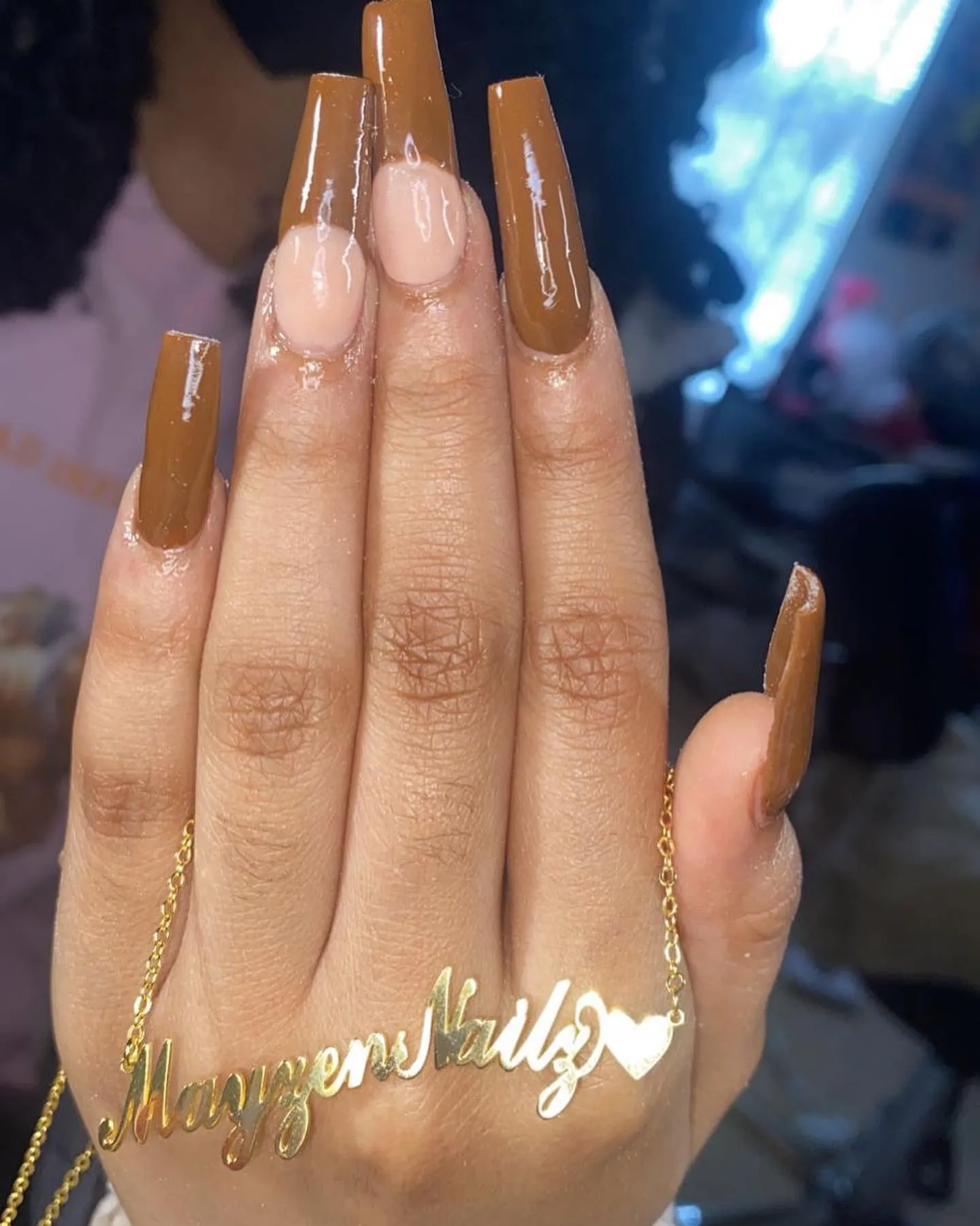 Caramel Brown Long Coffin Nails