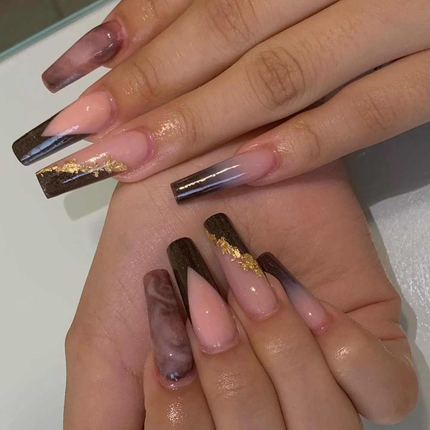 Brown Ombre Coffin with Gold Nails