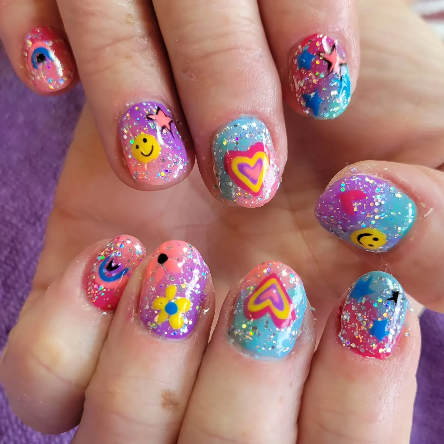 Colorful Smiley and Heart Art Short Nails