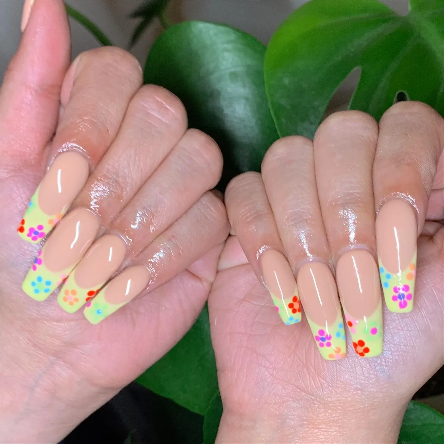 French Tip Coffin Nails With Floral Accents