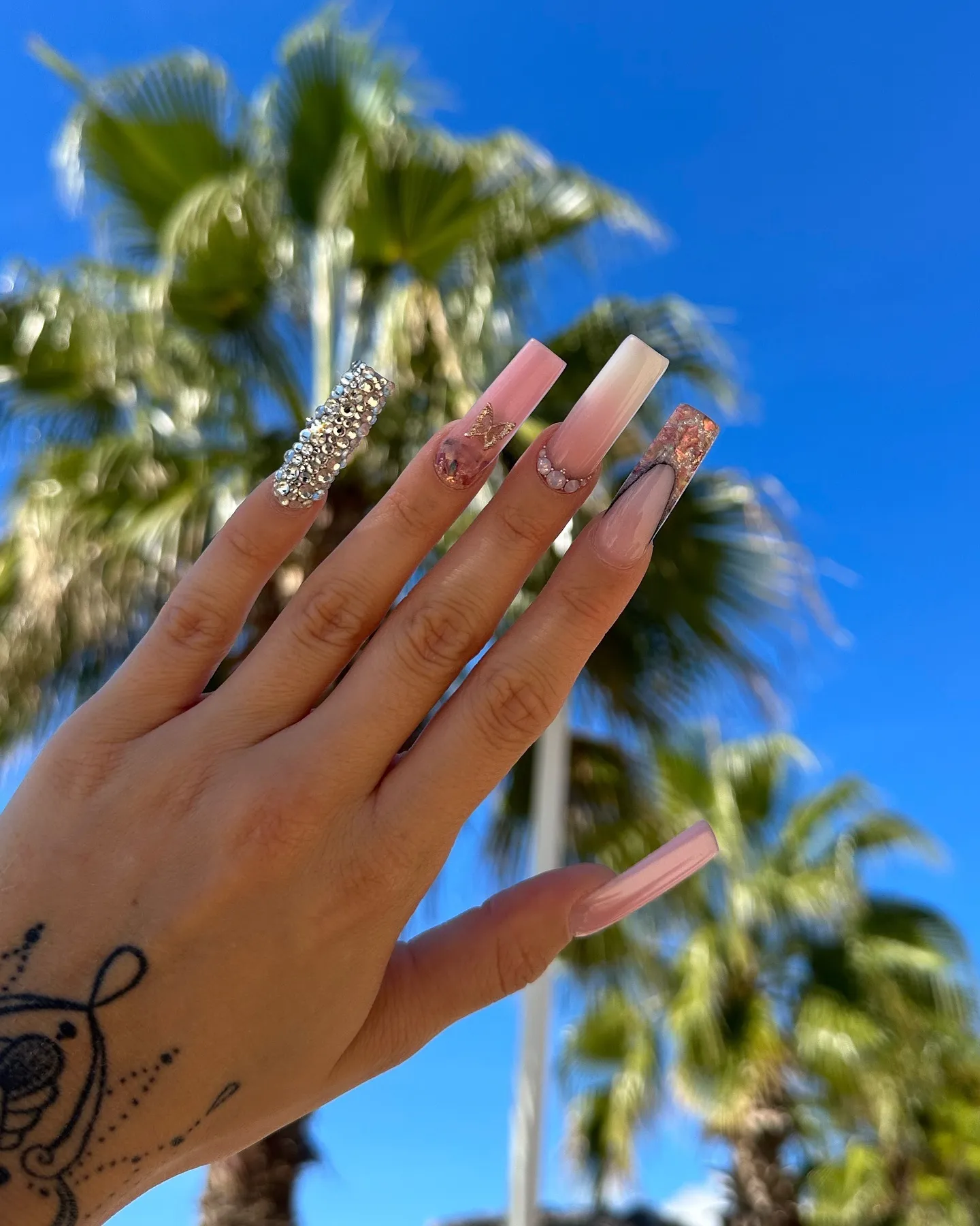 Nude Ombre Coffin with Rhinestones Nails