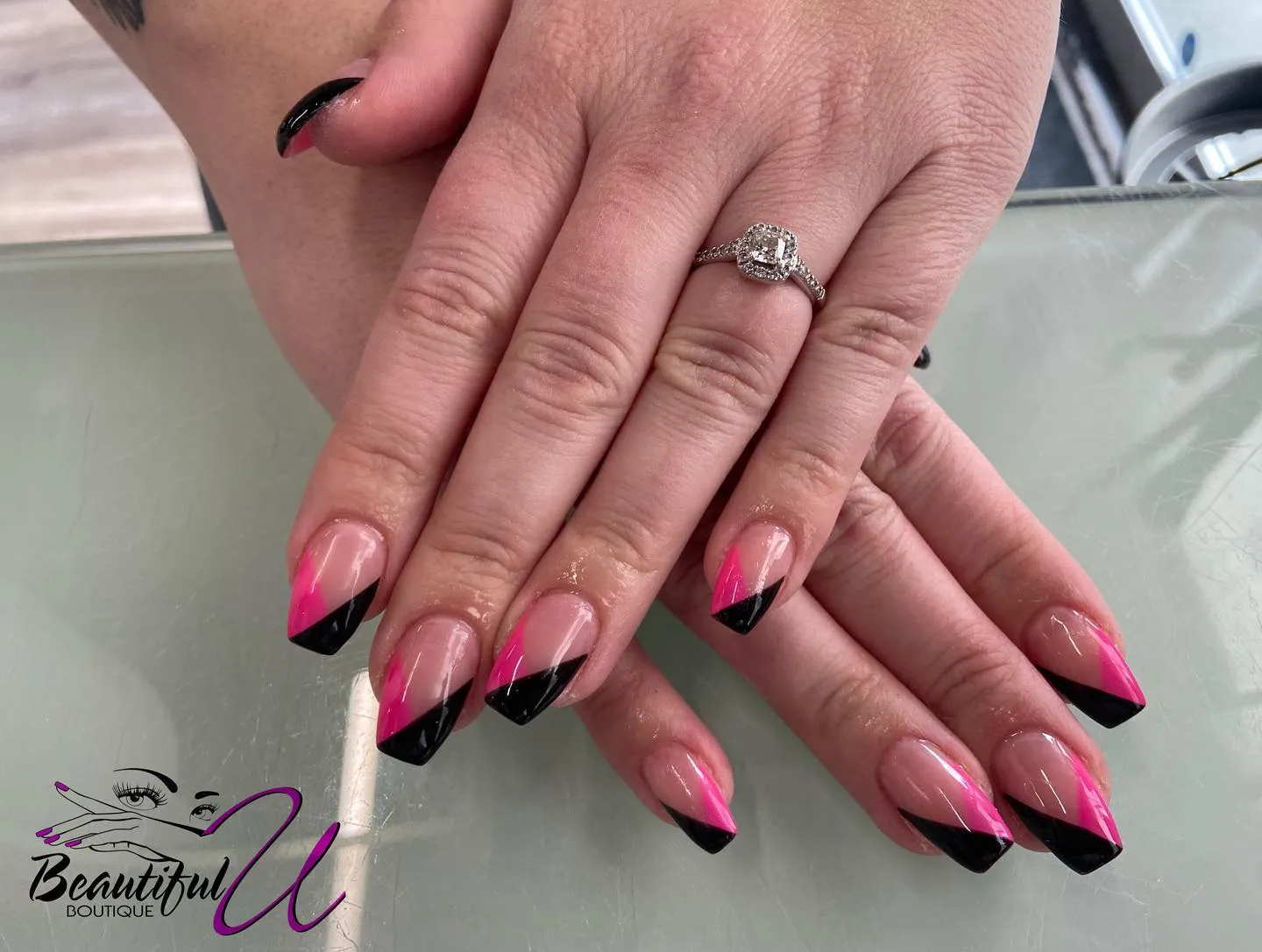 Pink and Black French Tip Nails