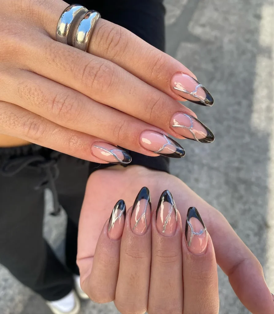 Black Glitter French Tip Almond Acrylic Nails