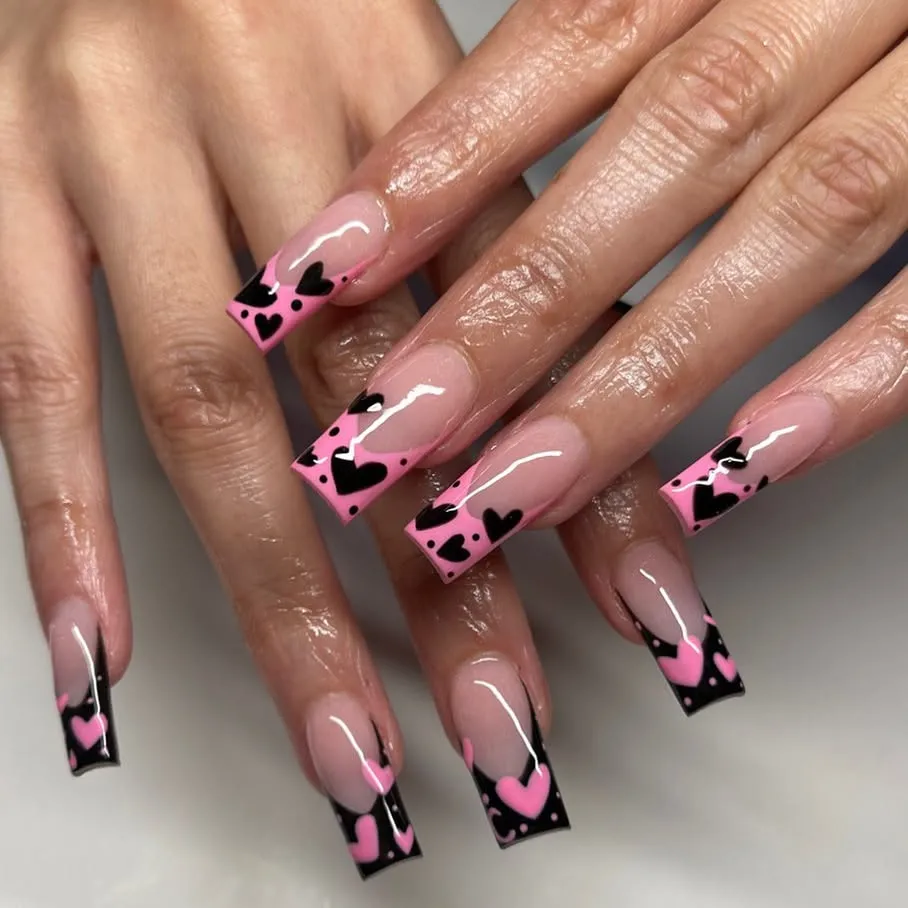 Pink and Black French Tip Nails