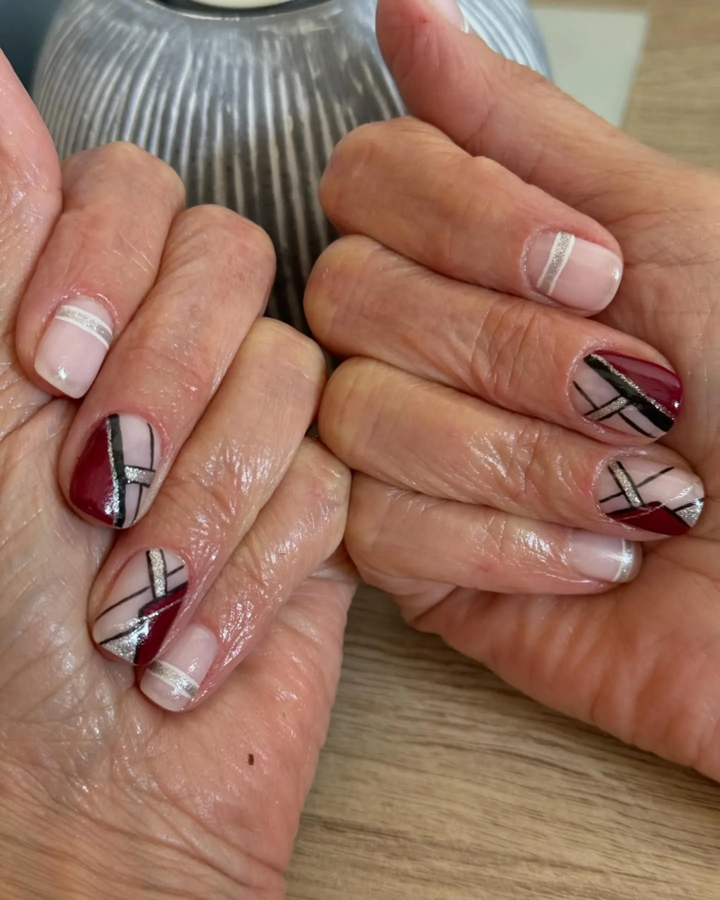 Burgundy and White Plaid Short Nails
