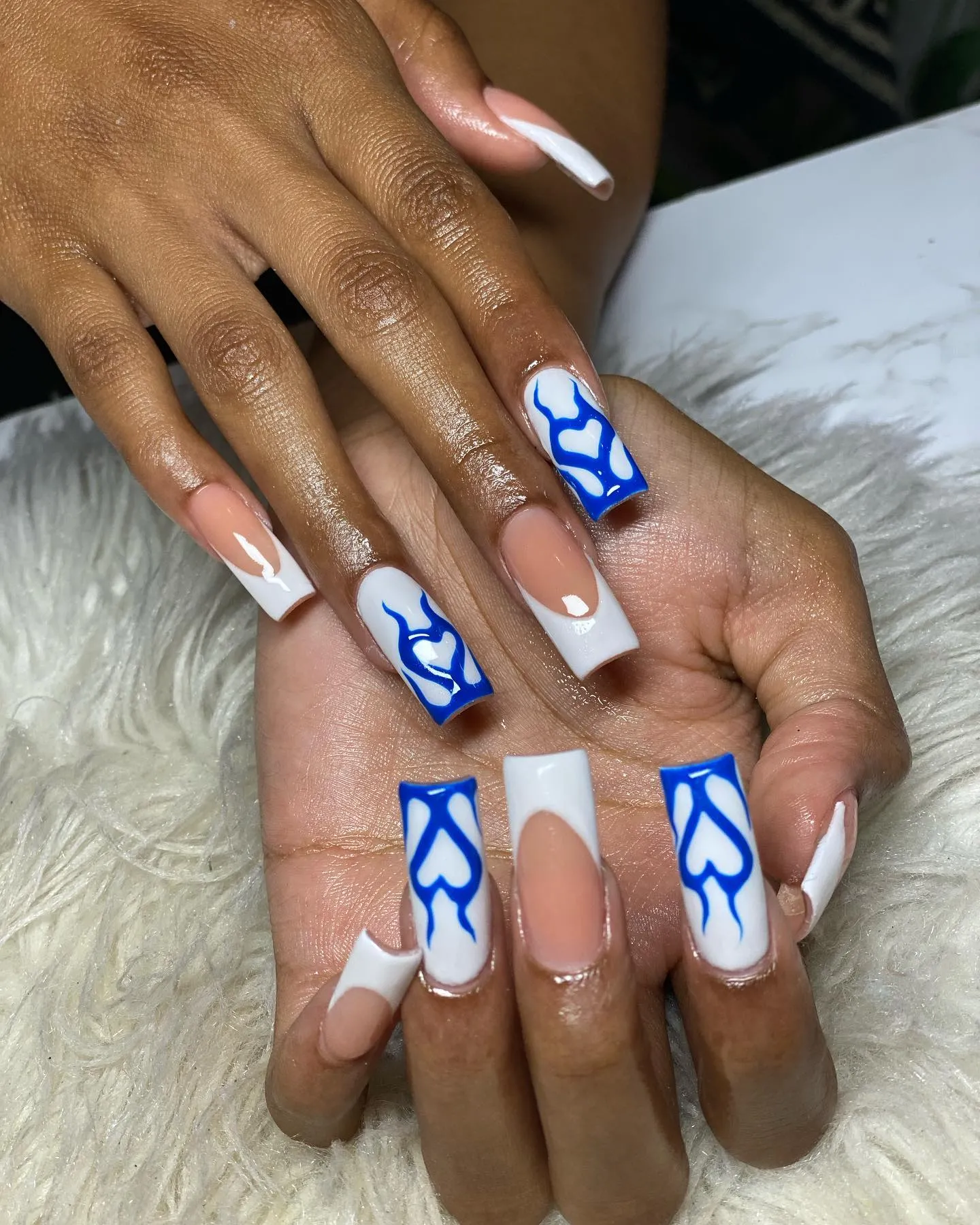 Blue and White Coffin Nail Designs