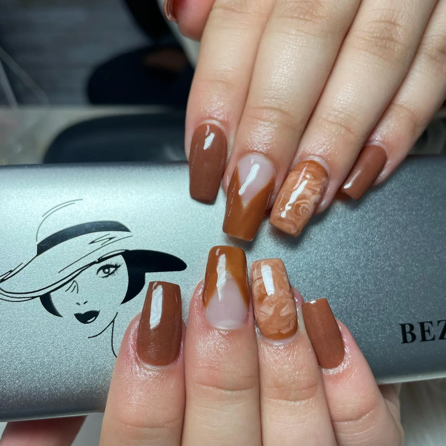 Brown and Nude Mixed Short Coffin Nails