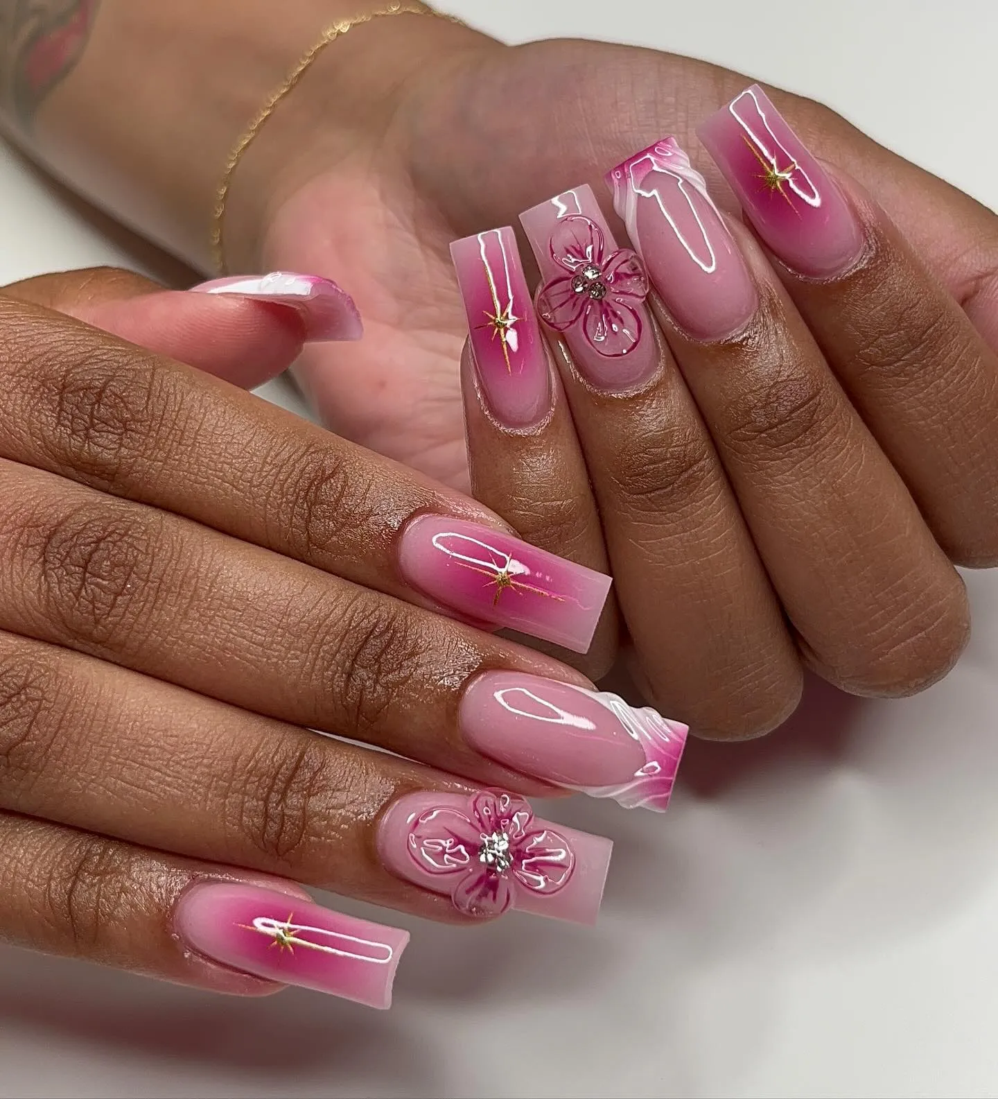 Pink Ombre Coffin with Gems Nails