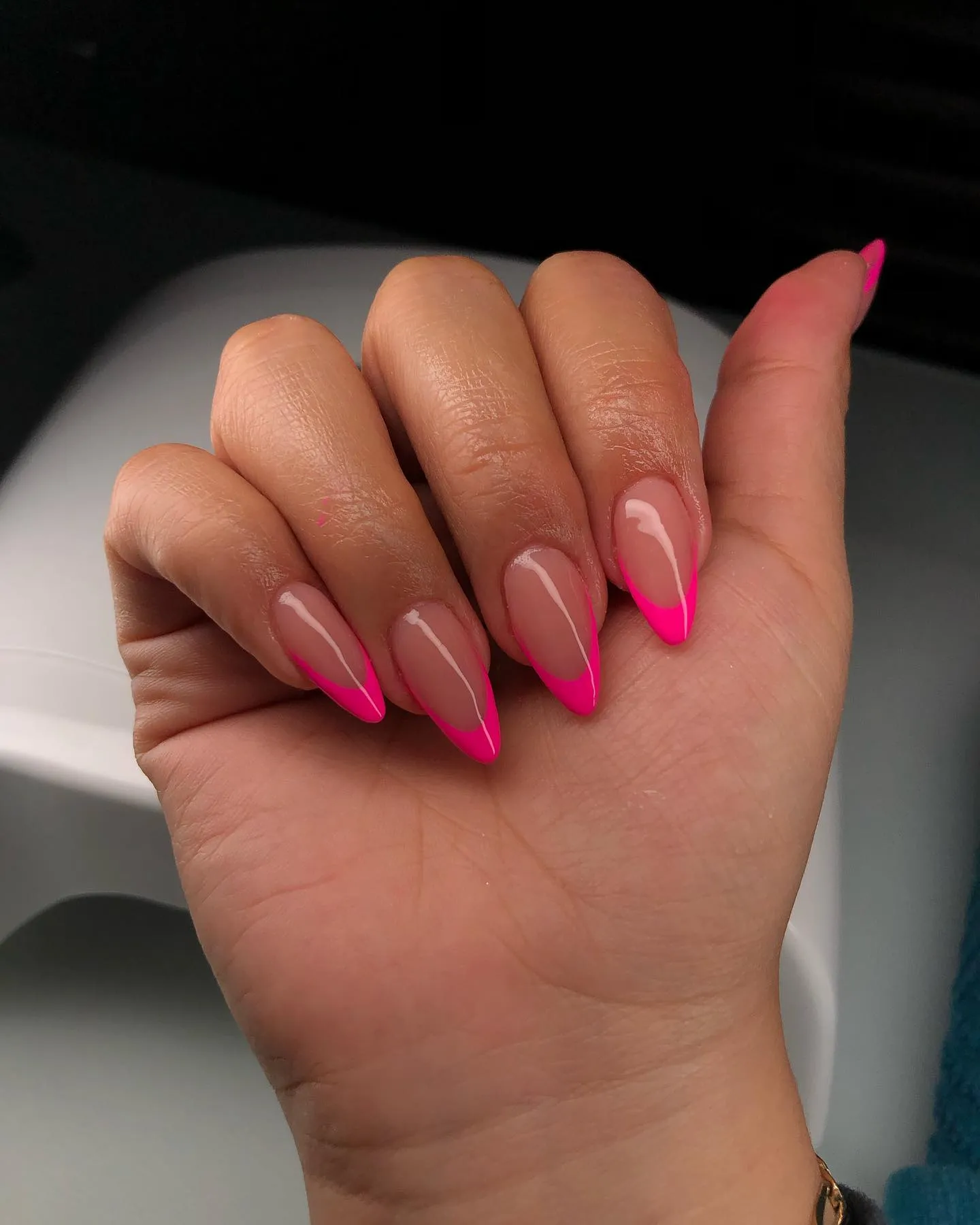 Pink French Tip Medium Almond Nails