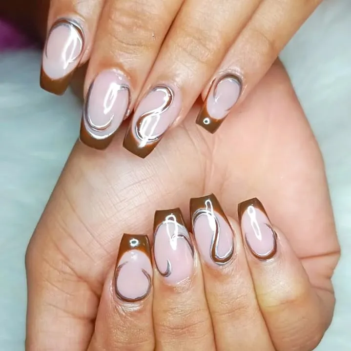 Nude French Tip Short with Brown Outline Nails