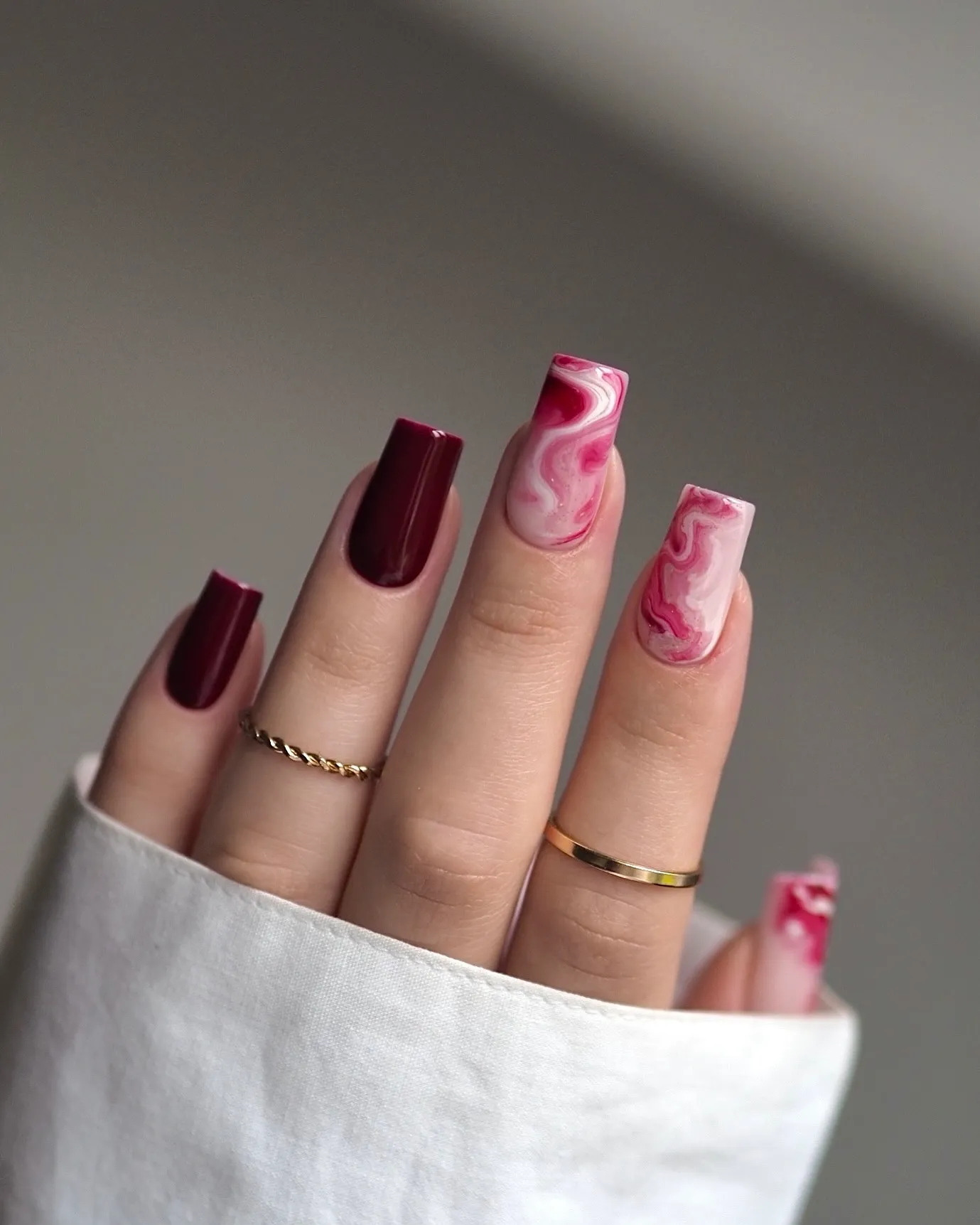 Burgundy and Pink Marble Short Square Nails