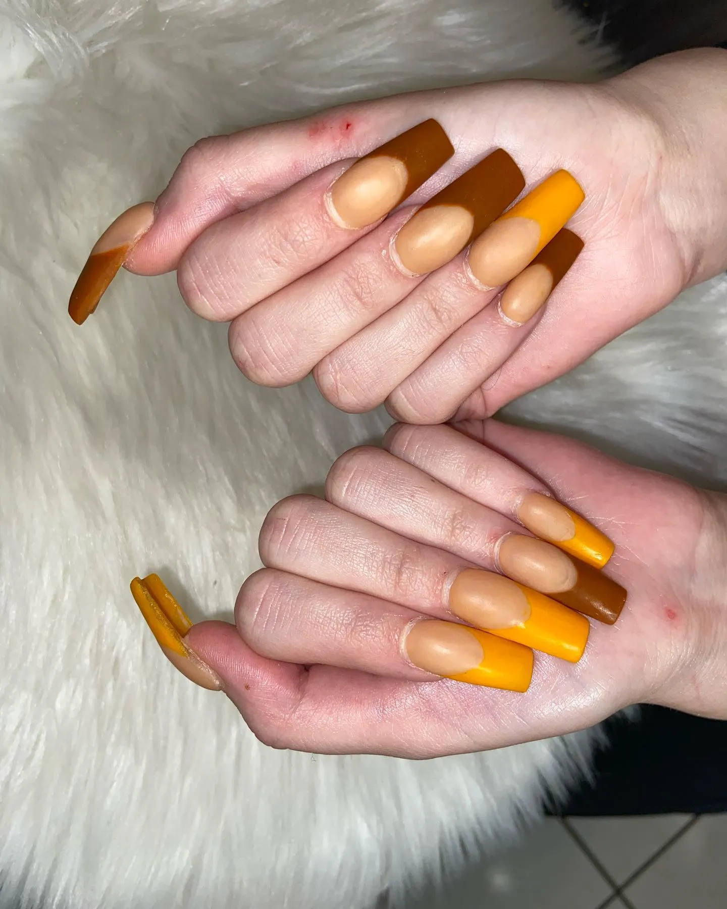 Orange and Caramel Long Coffin Nails