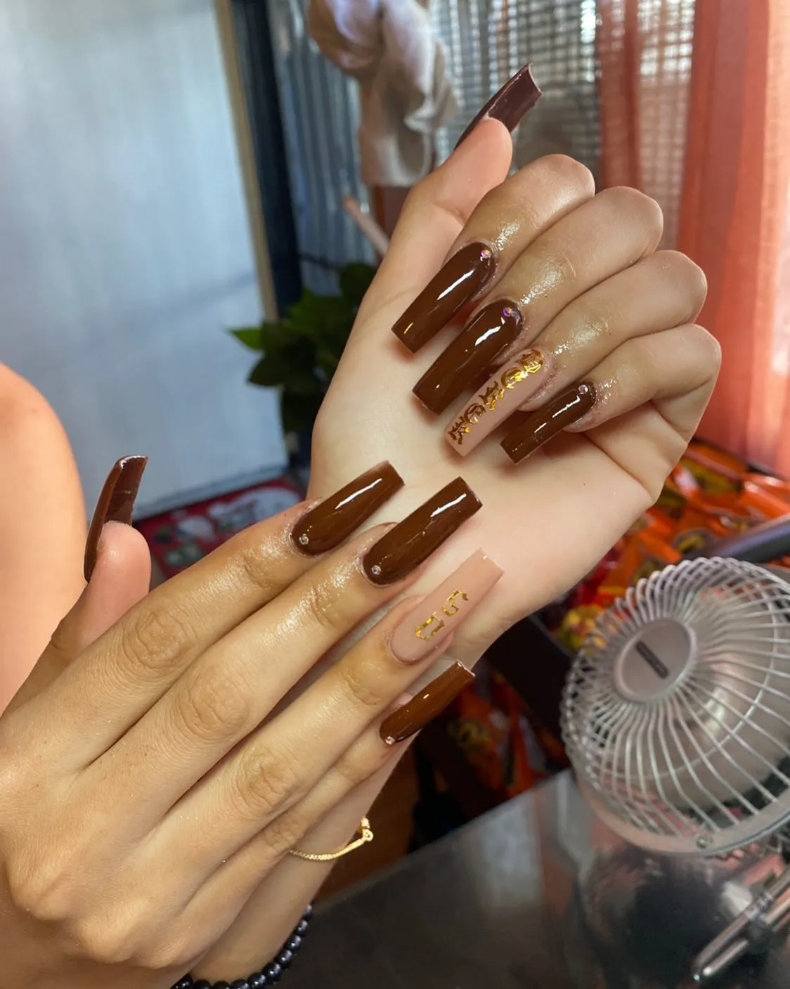 Chocolate Brown Long Coffin Nails