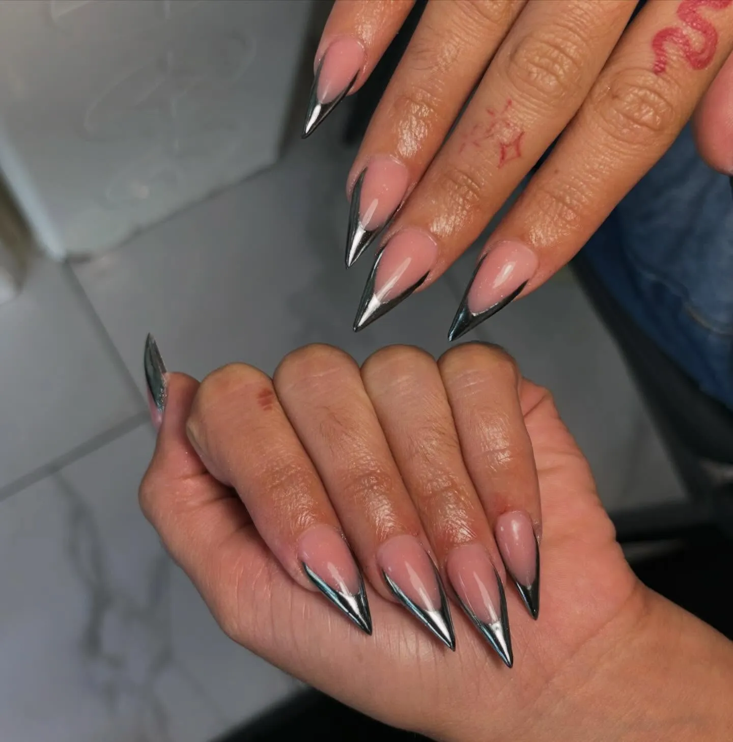 Chrome Silver French Stiletto Nails