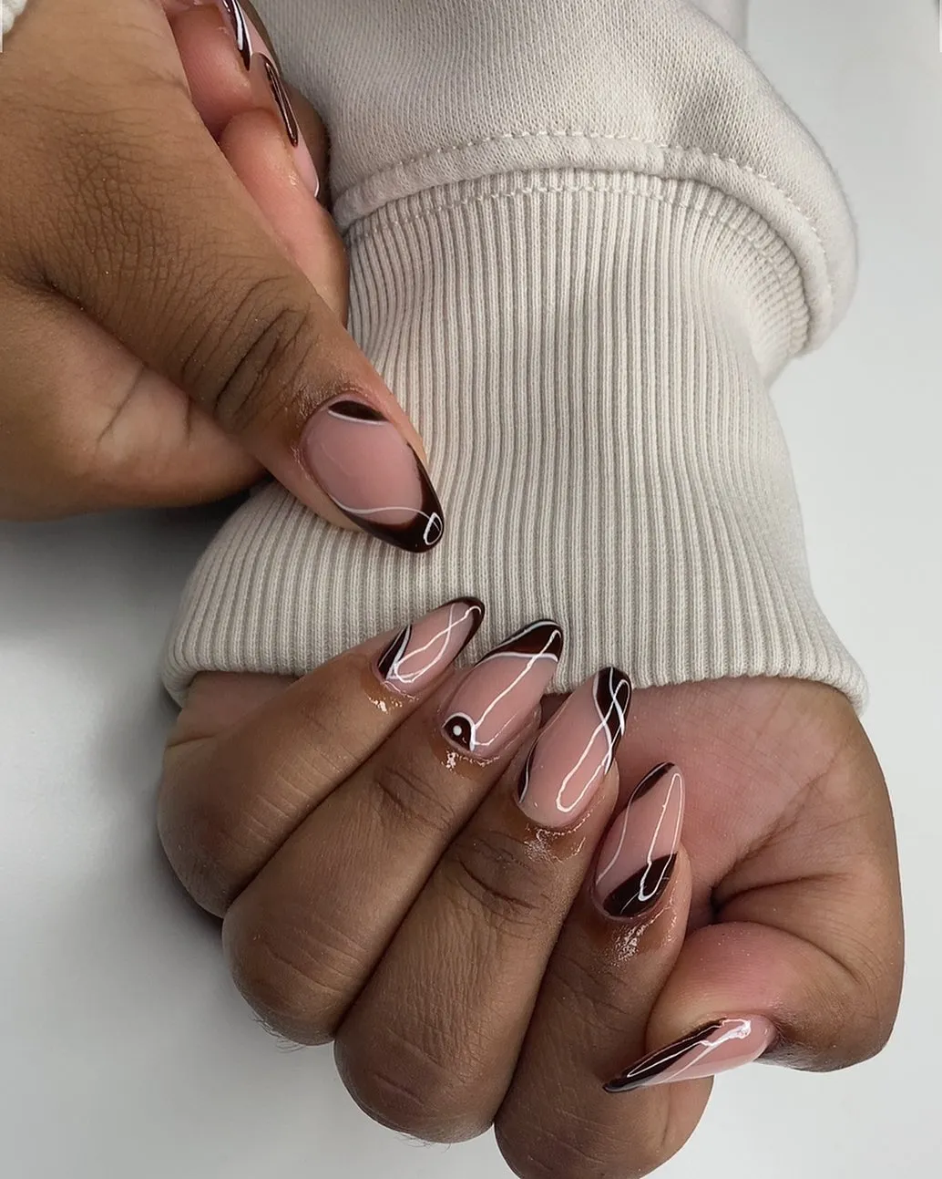Nude French Tip Almond with Black Line Art Nails