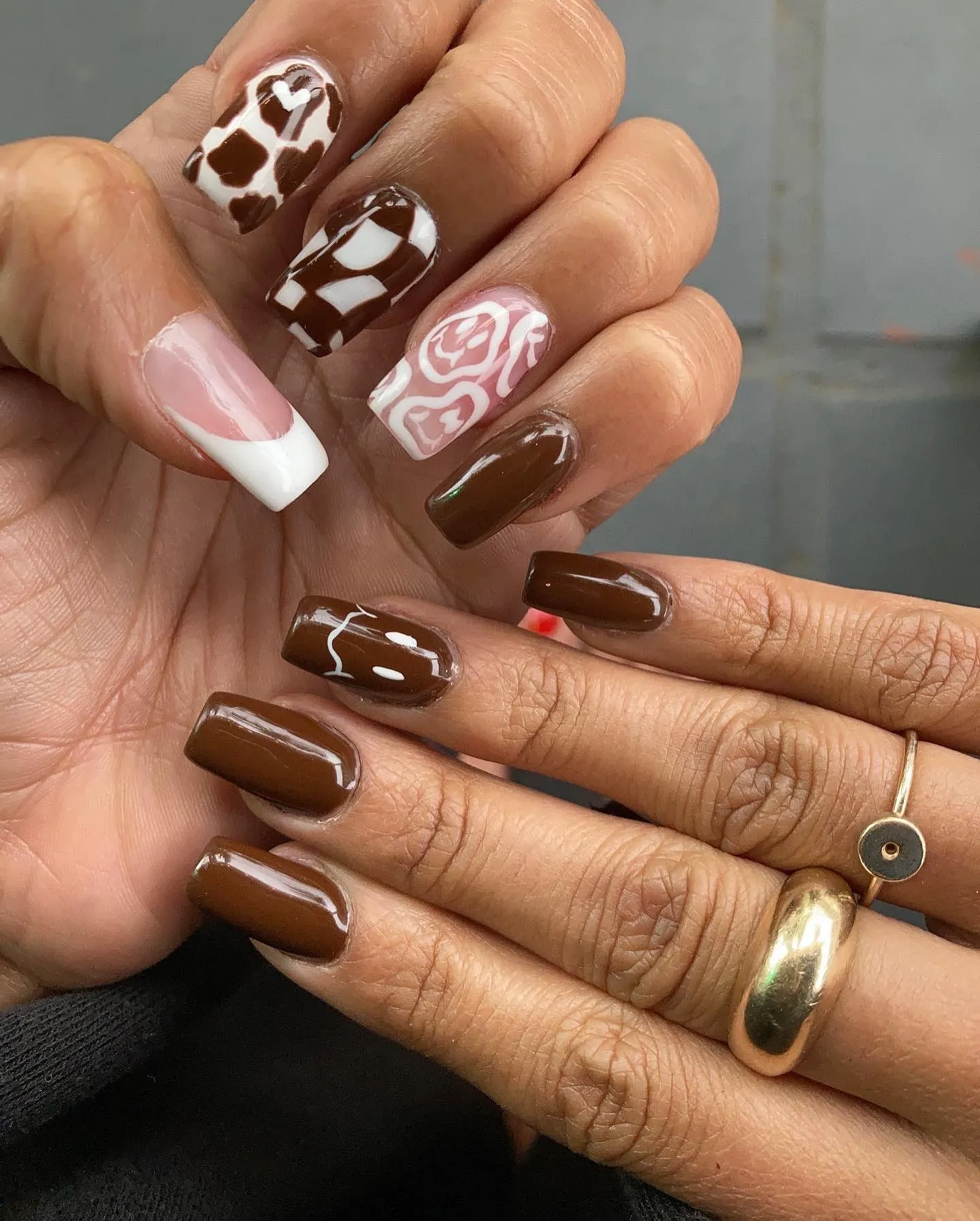 Brown Short Square with Cow Print French Tip Nails