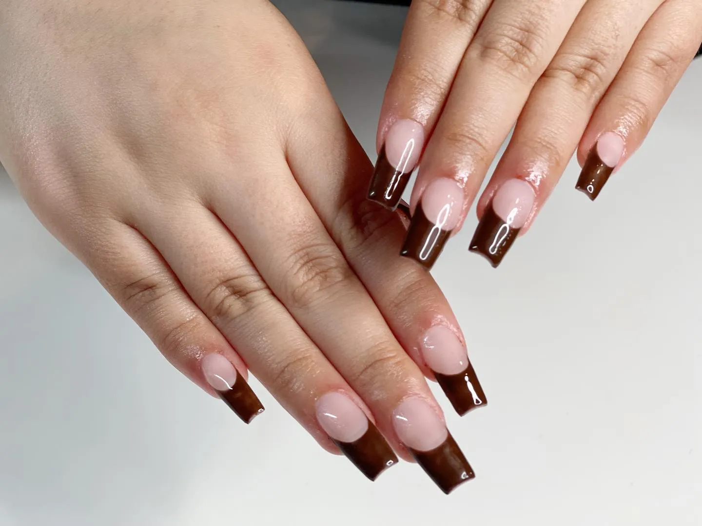 Nude Coffin with Brown French Tips Nails