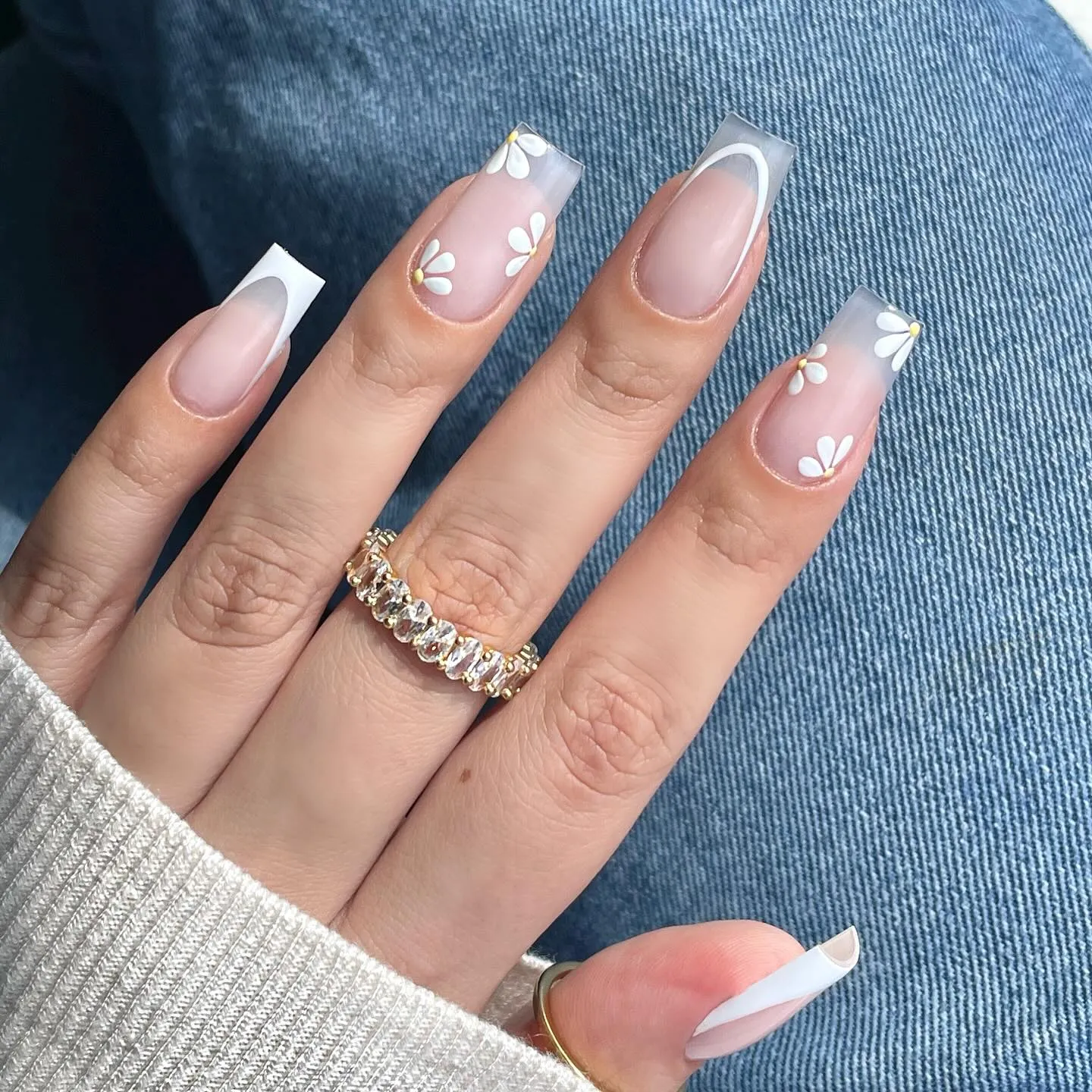 Floral White Coffin Nails