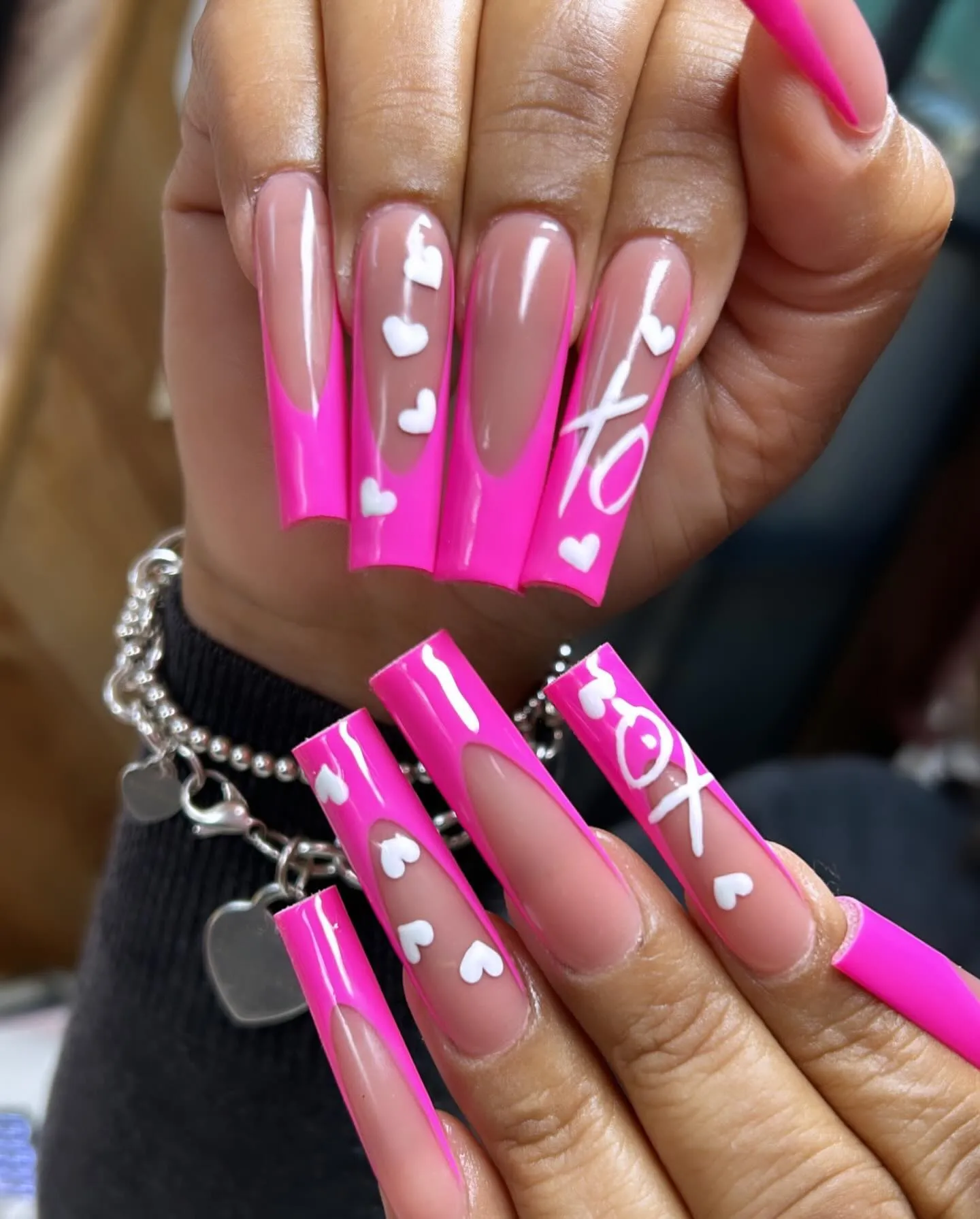 Hot Pink Coffin with White Heart Art Nails