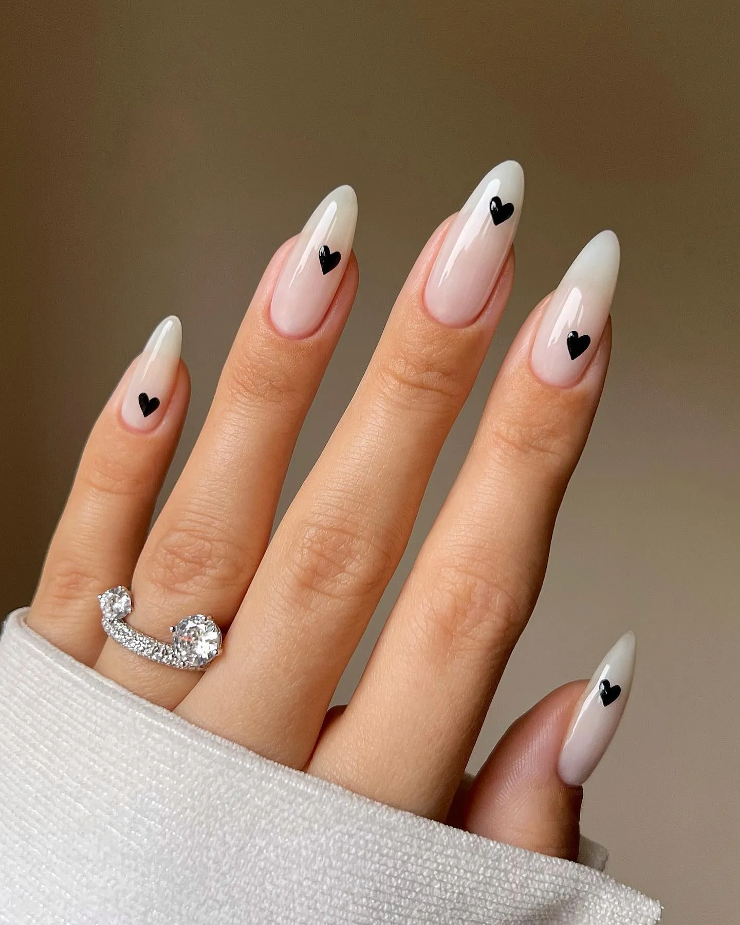 Almond French Tips with Black Hearts Nails
