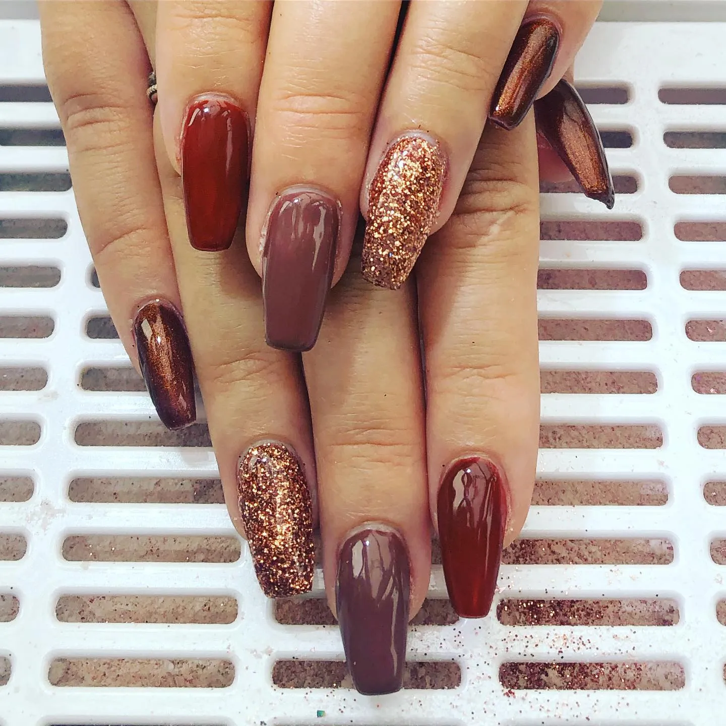 Brown and Red Coffin Nail Designs