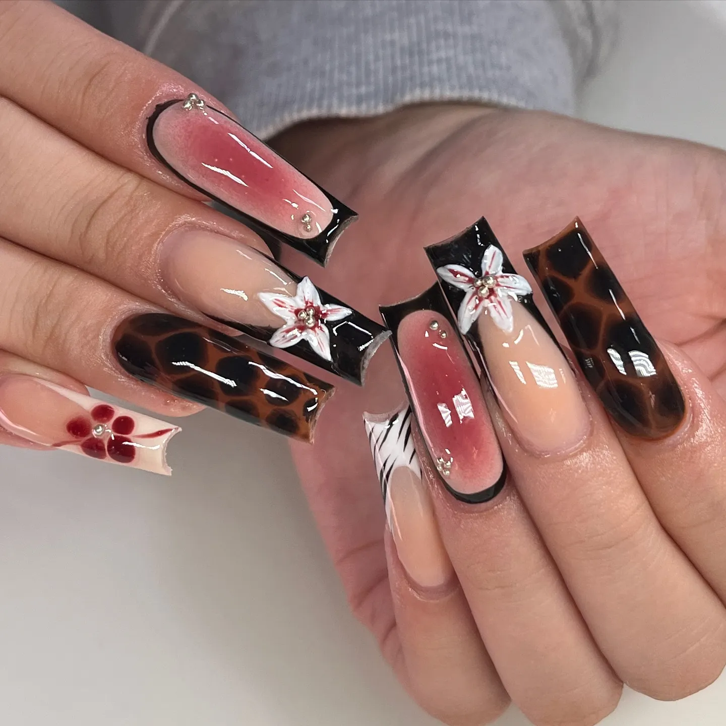 Brown and Red Coffin Nail Designs