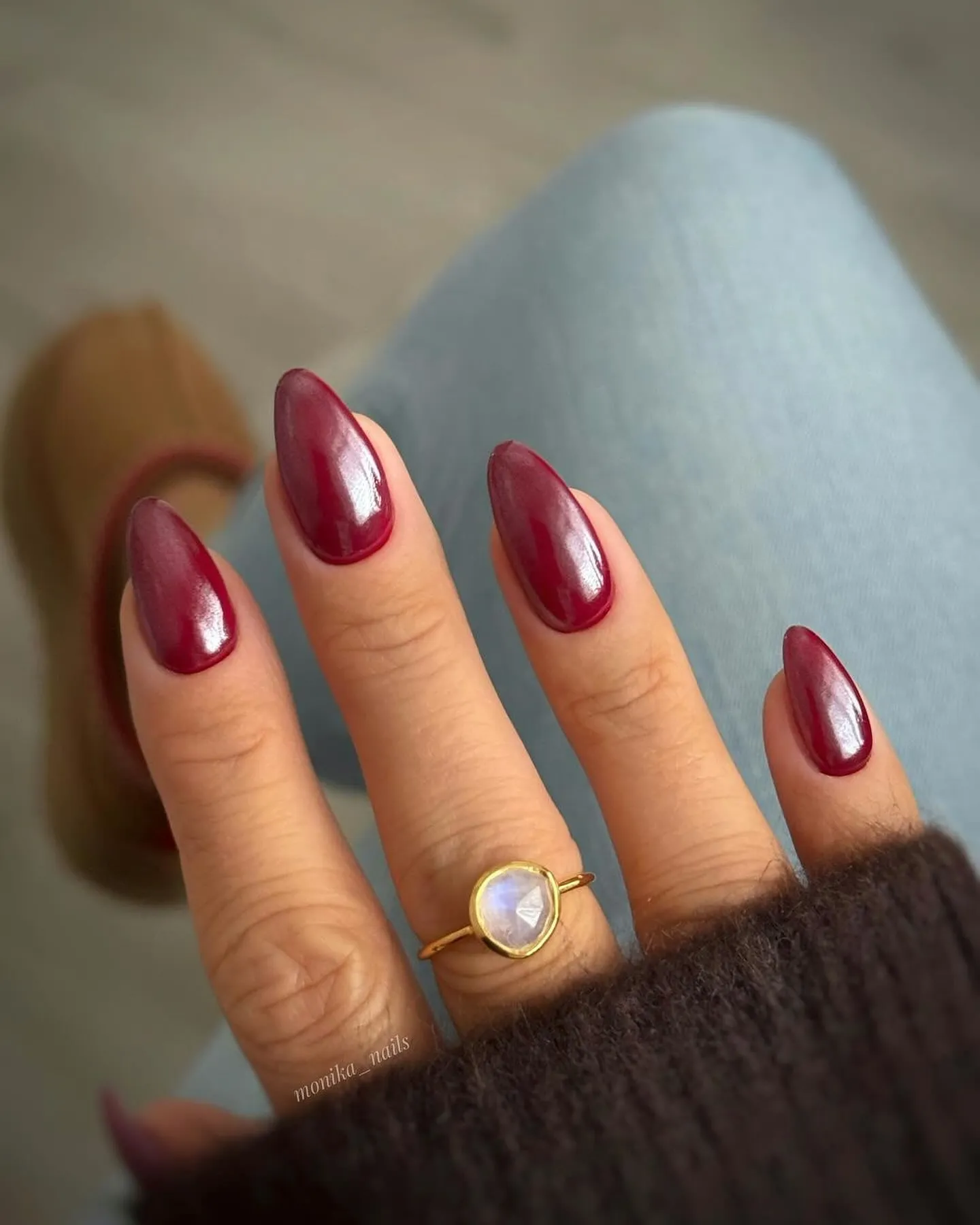 Glossy Cherry Red Almond Nails