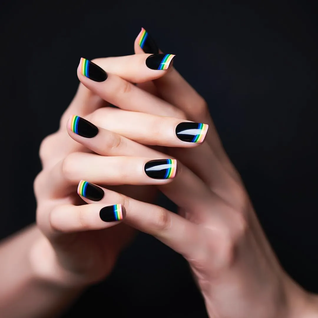 Rainbow Gradient Black French Tip Nails