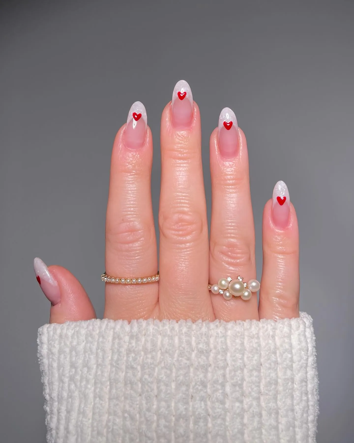 White French Tip Almond with Red Heart Nails