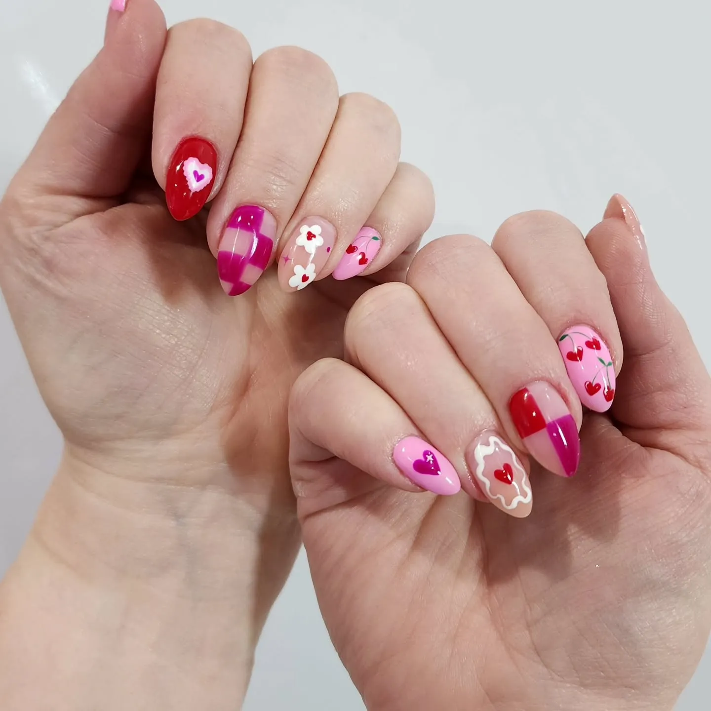Pink and Red Floral Art Short Nails