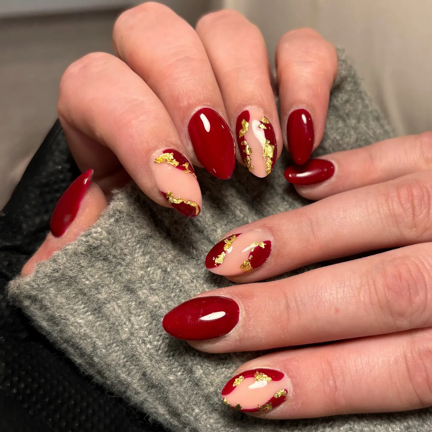 Burgundy Almond with Gold Foil Accents Nails