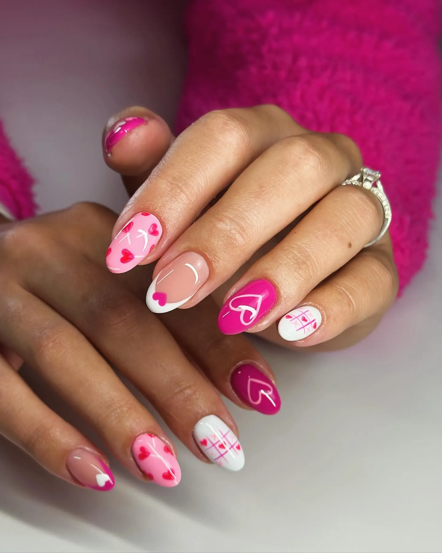 Pink Heart Art Almond Nails