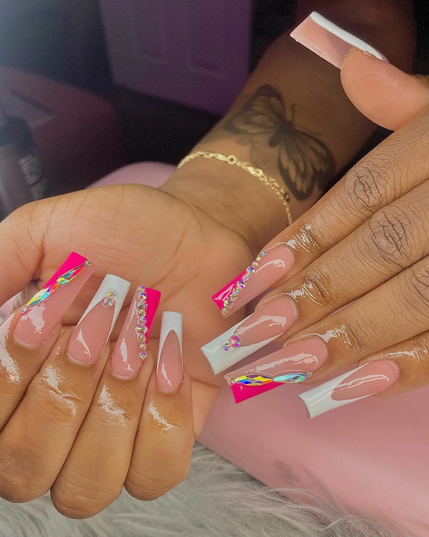 Neon Pink French Tip Coffin Nails